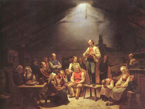 A group of people gather in a circle for a small, intimate religious meeting. This is a depiction of a Pietist conventicle, or small group meeting, by the Norwegian painter Adolph Tidemand. (WikiMedia Commons)