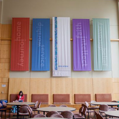 Banners at the Boyer atrium hanging from the roof.