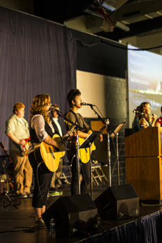 Students performing during chapel.