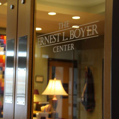 The glass entrance of Ernest L. Boyer center