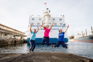 Nurses Deborah Mascia, Ann McClary and Caitlyn Williams jump for joy!