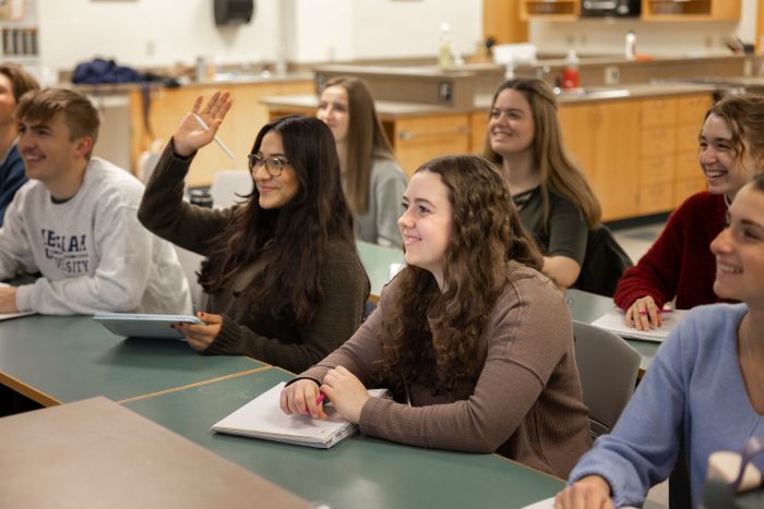 A group of students listening to a tutor. 