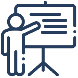 Line drawing of person pointing at white board
