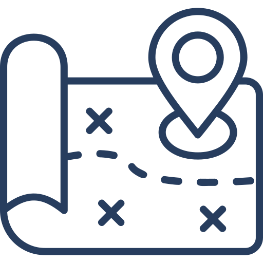 line art of map with 'you are here' icon