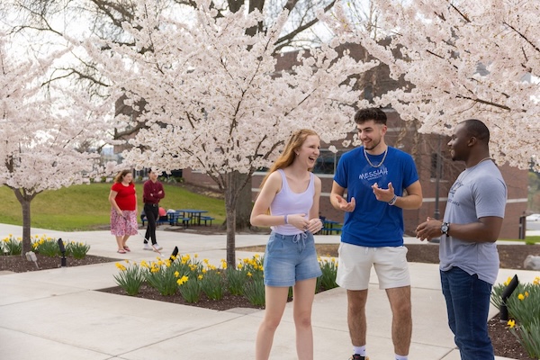 Three people stand talking and laughing along a sidewalk lined with blooming cherry trees and yellow flowers on a campus. Two other people walk past in the background, with brick buildings partially visible behind the trees.