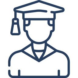 Line art illustration of a male graduate wearing a cap and gown, symbolizing academic achievement and celebration.