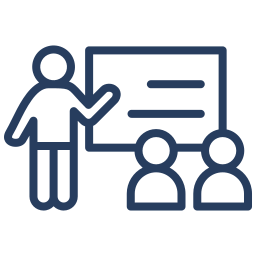 Line art of a person presenting information on a board to two seated individuals, suggesting a learning or training environment.