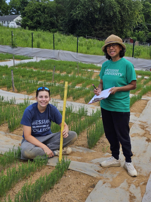 Janet Matanguihan and student working in flax garden