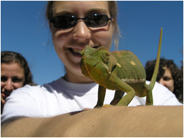 Student with a chameleon on her arm