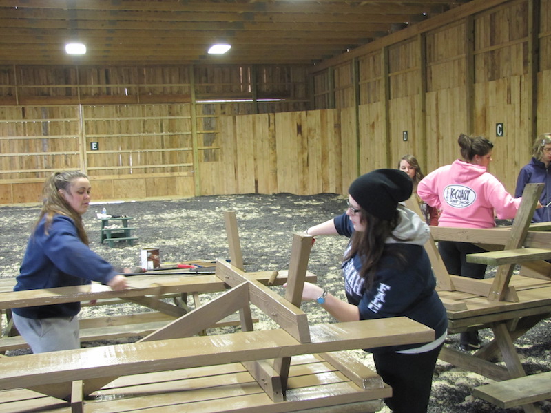 Students painting picnic tables