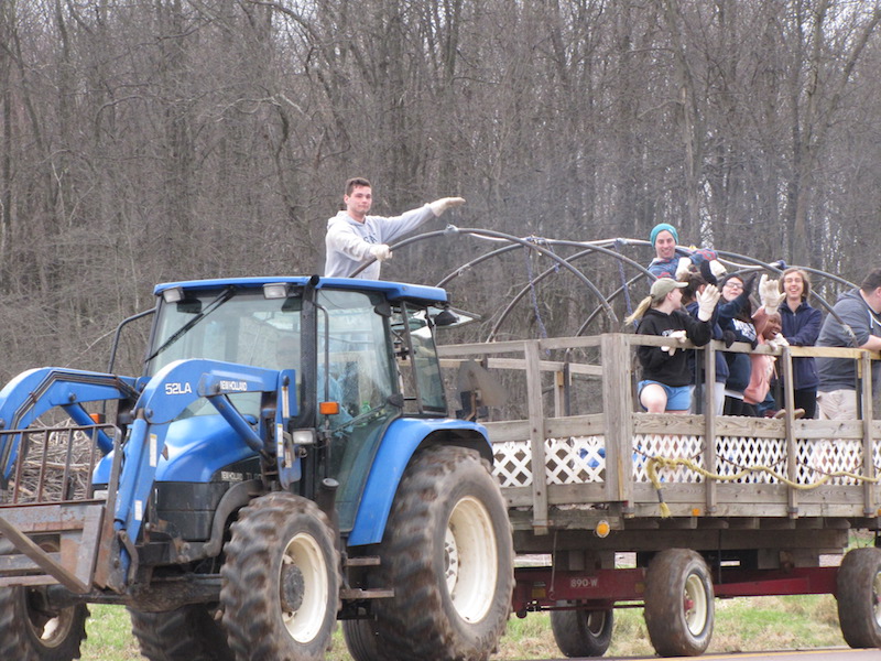Students on a flatbed trailer