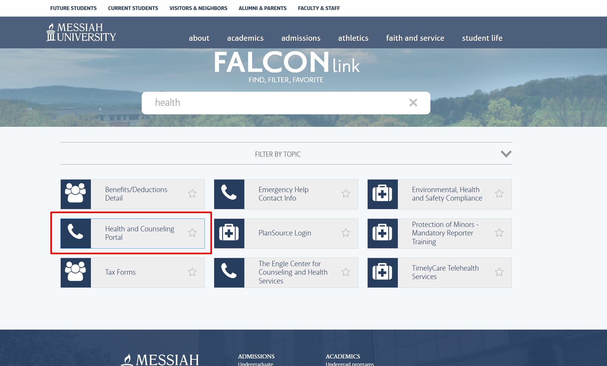 A screenhot of the health and counseling portal button in FalconLink