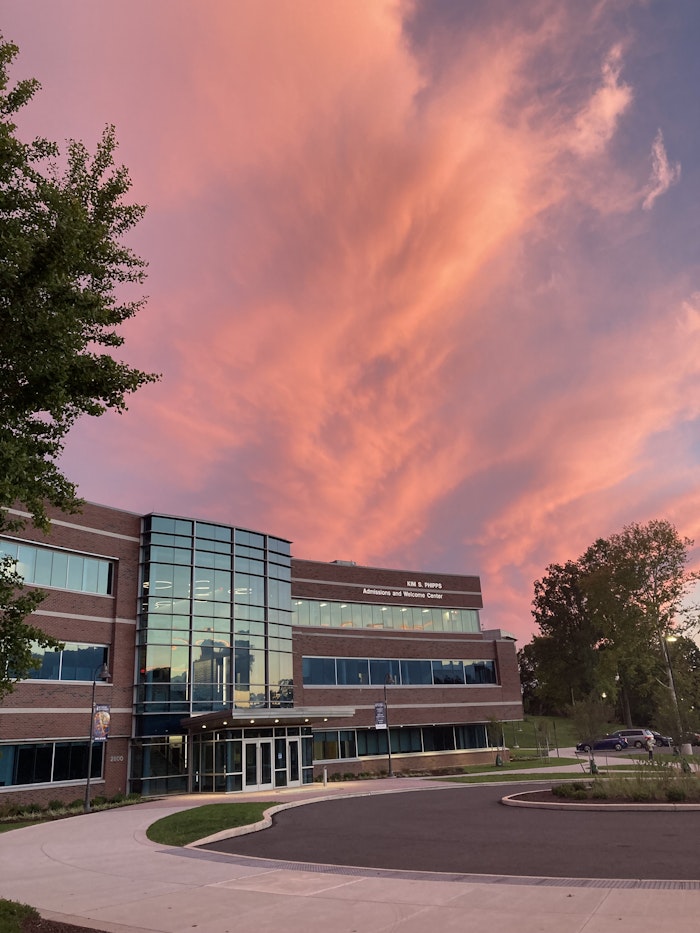 An image of the Messiah welcome center at sunset