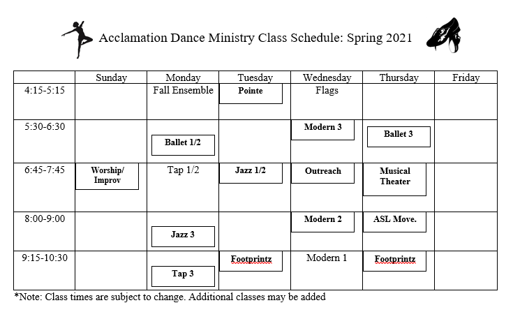 Acclamation spring schedule
