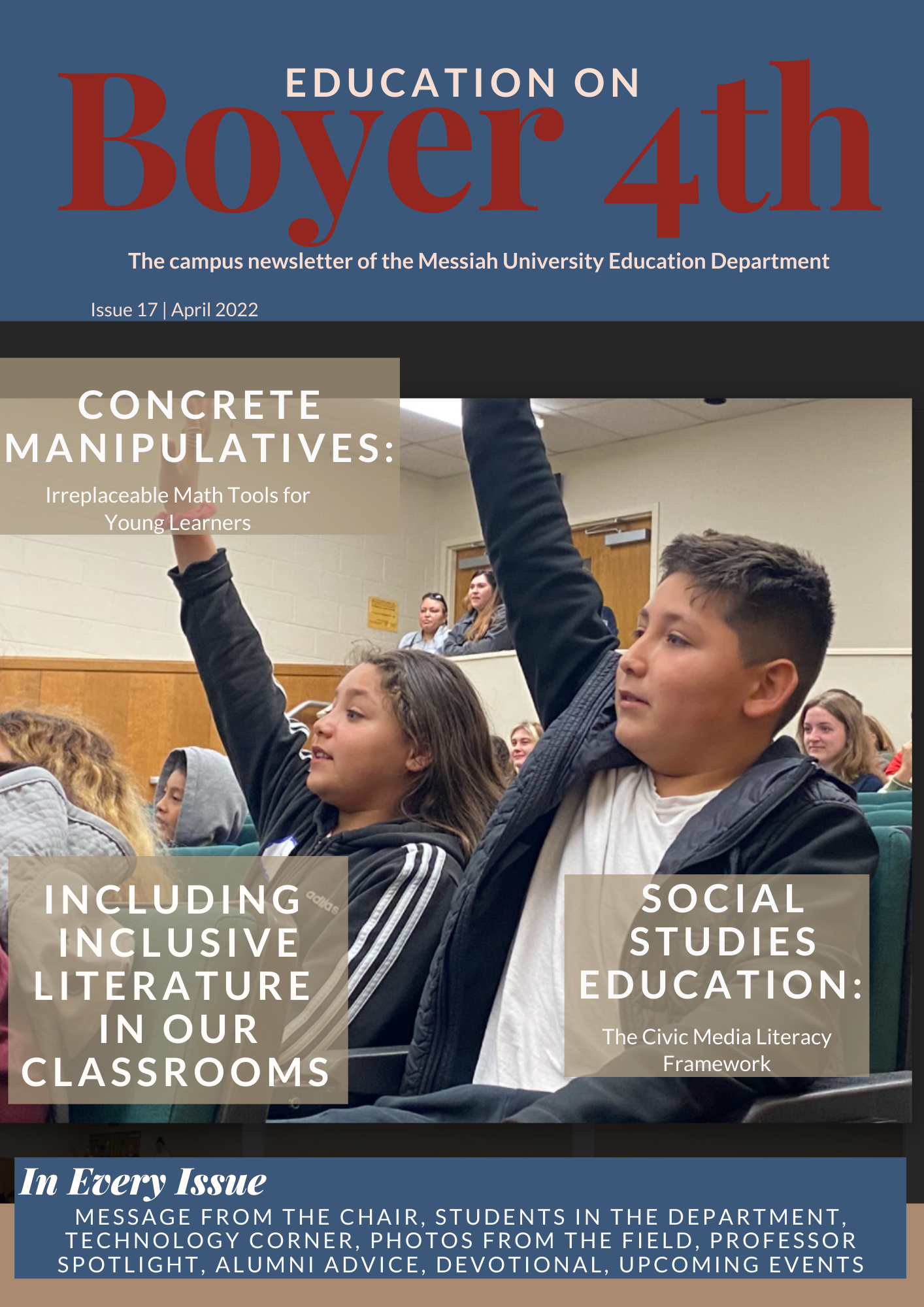 a young boy and girl wearing jackets raise their hands in a classroom on the cover of the newsletter