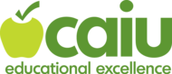 A green logo with an apple on the left and the letters "caiu" on the right. Below it says, "educational excellence"