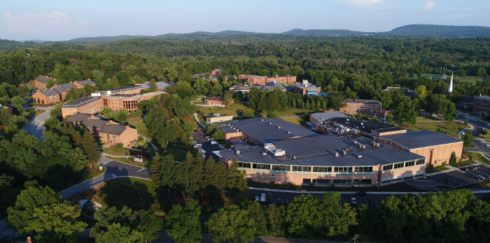 An aerial view of campus in the summer