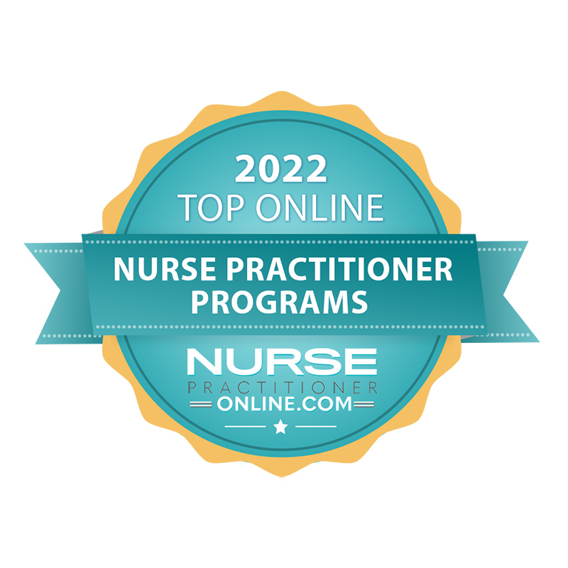 A blue circle with the words: 2022 Top Online Nurse Practitioner Programs NursePractitionerOnline.com