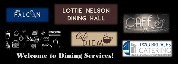 A banner image listing all of the locations available for dining at Messiah Universty