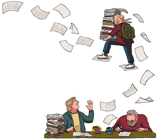 Drawing of student carrying books with papers flying everywhere