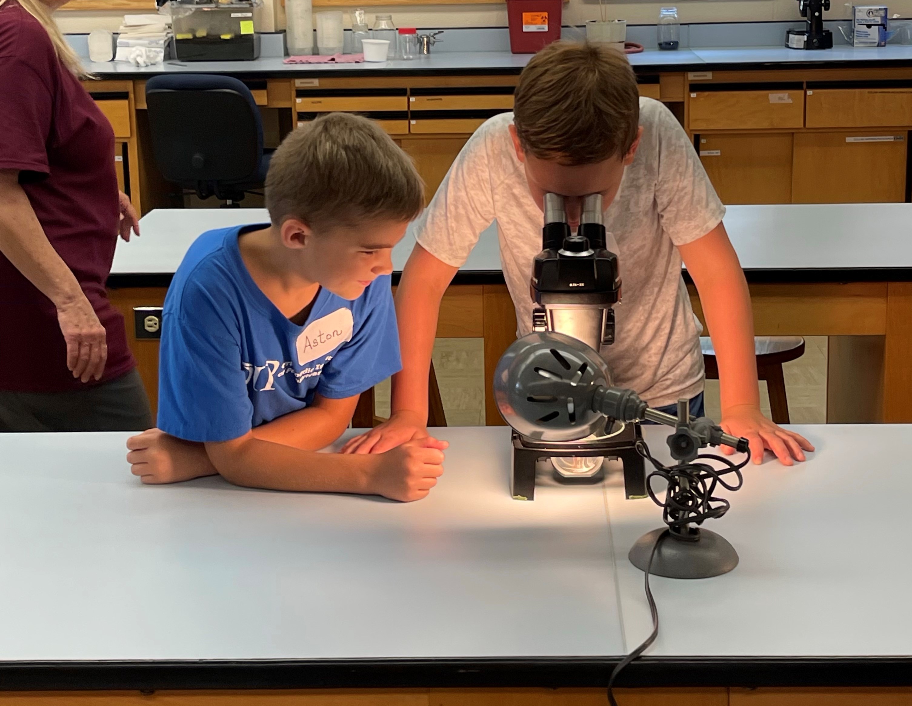 Two boys using a dissection scope