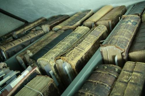 Old books in the shelves of Brethren in Christ Historical Library and Archives