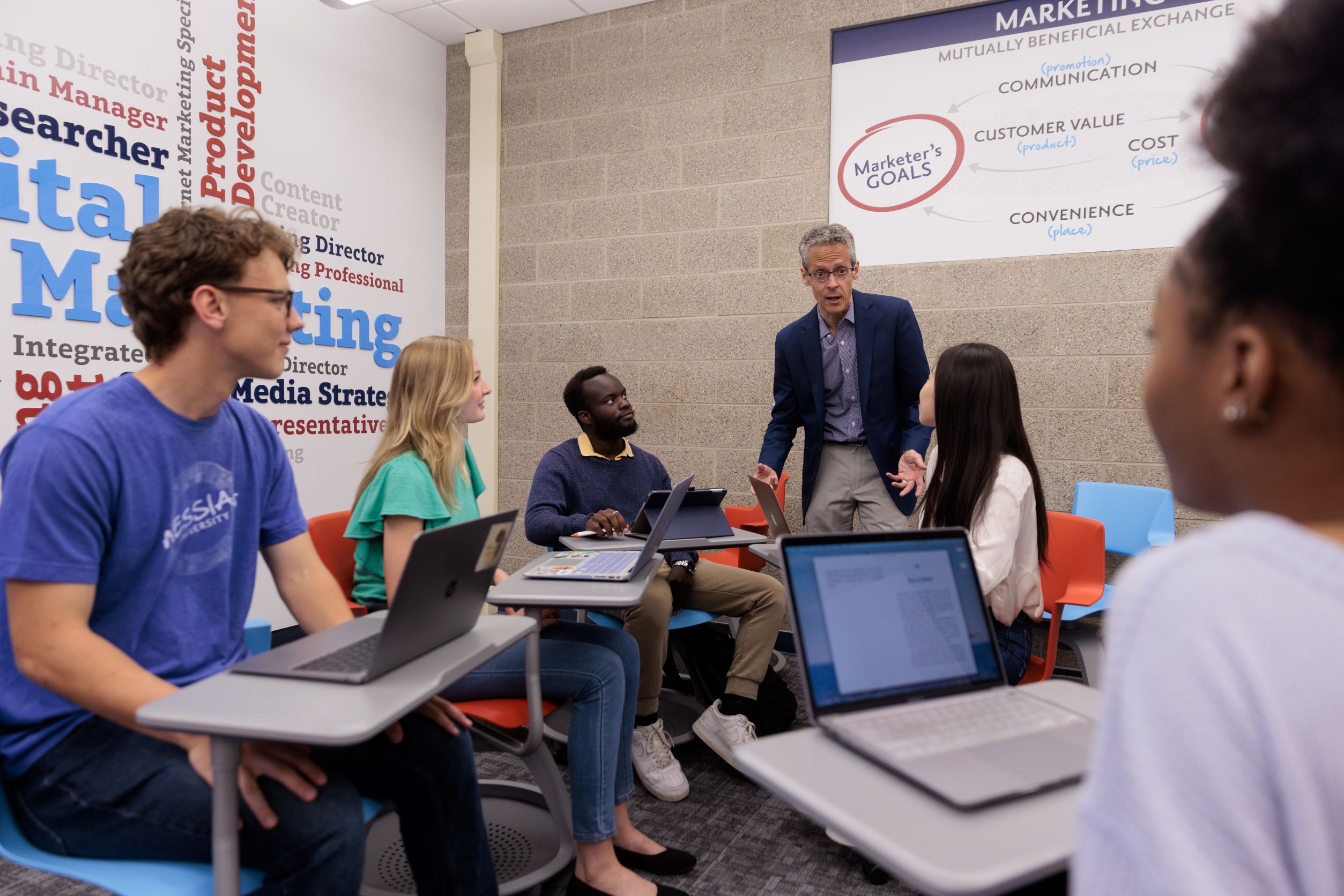 A marketing professor talking to a group of students.