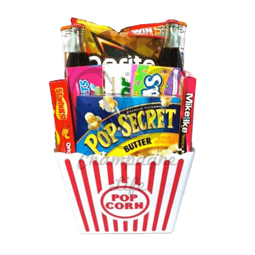 Movie night basket full of popcorn and candy.