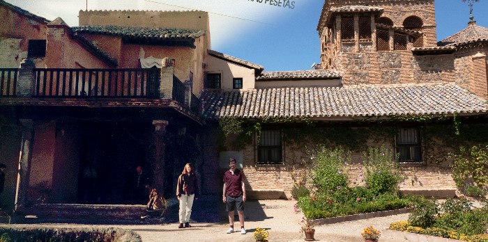 A boy and his mother stand side by side in front of a house in Spain, but half the photo is from years ago.
