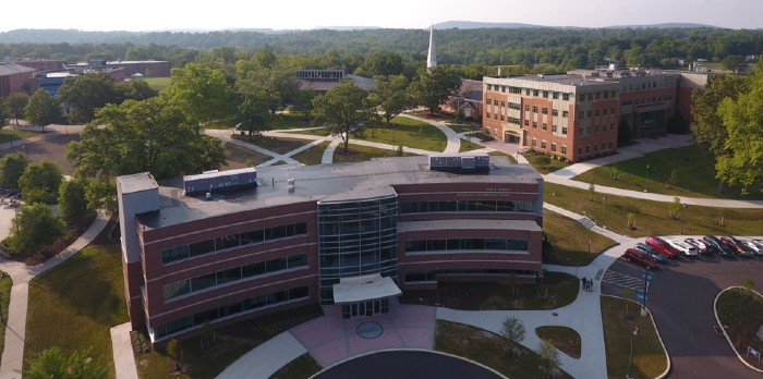 An aerial view of campus buildings.