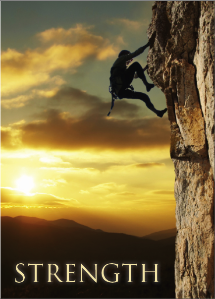 The word Strength, sunset in background with person mountain clibming