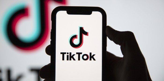 A shadow of a hand holding a phone with the Tik Tok logo on the screen.