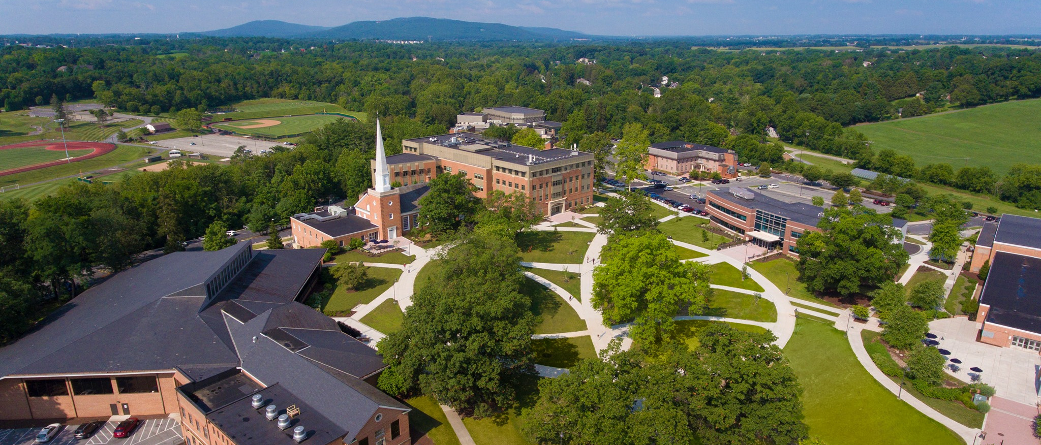 Aerial view of campus green