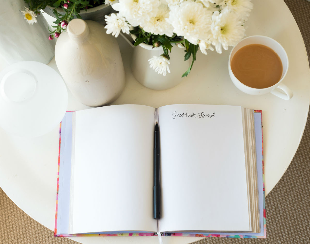Gratitude journal with coffee and flowers