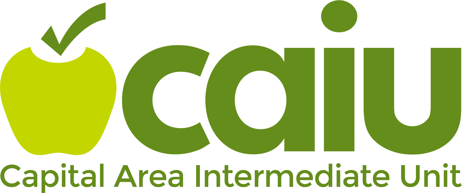 A green logo with an apple on the left and the letters "caiu" on the right. Below it says, educational excellence
