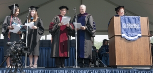 Cora Hines, Hope Newcomer, Dr. Raeann Hamon, Dr. John Bechtold, and President Phipps lead the graduates, faculty and guests in the reading of the Commencement litany. 