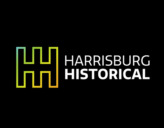 Bold white text says "Harrisburg Historical." A multicolored logo is to the left of the words.