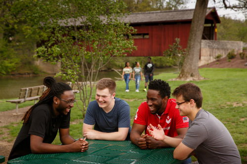 Students sitting at picnic beanch
