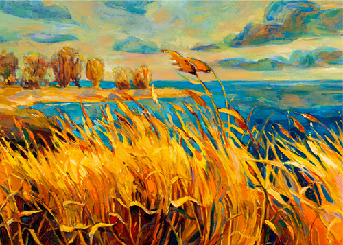 A painting of a wheat field.