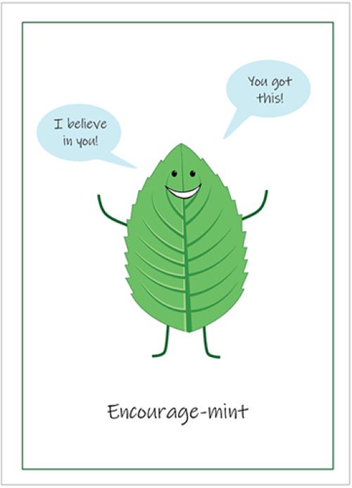 An animated mint leaf with motivational text bubbles.