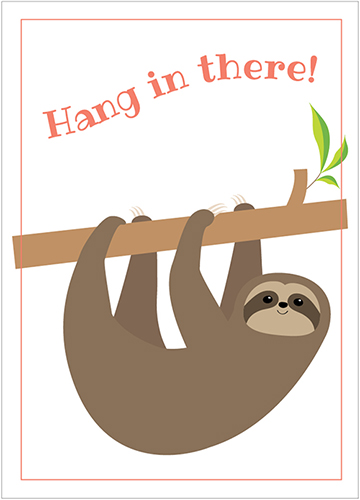 An animated sloth hanging from a branch.