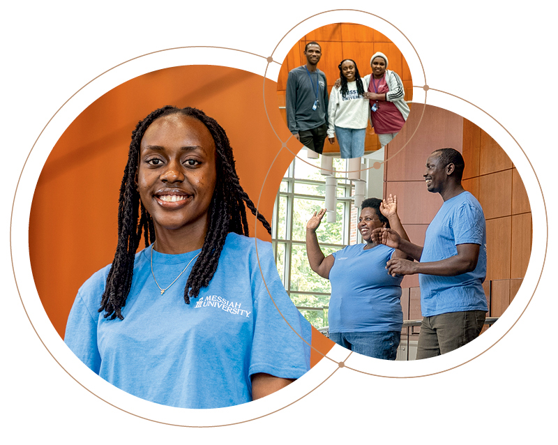 A group of diverse individuals celebrating and engaging in conversation at Messiah University, featuring a close-up portrait of a smiling woman in a blue t-shirt.