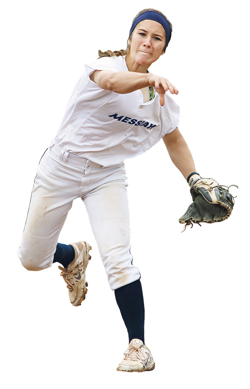 A female softball player in action, throwing the ball while wearing a team uniform.