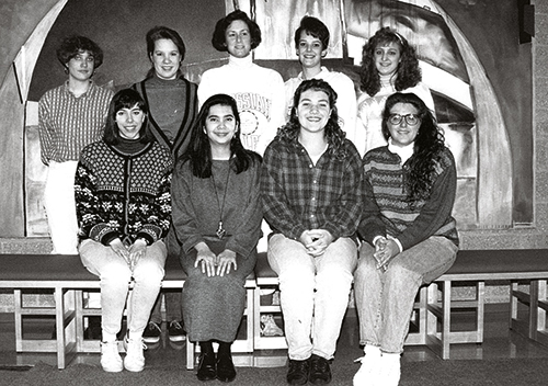 A black and white photo of the student nurses association in 1993