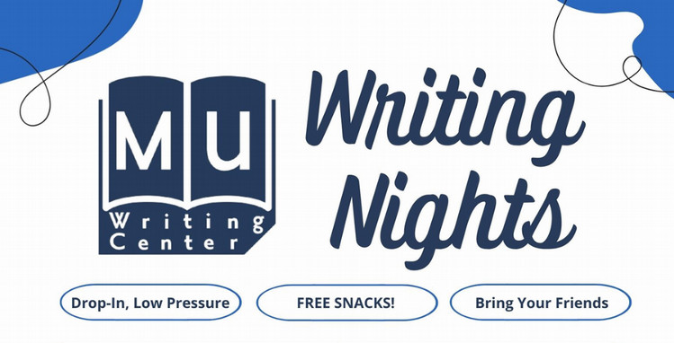 The Writing Nights logo. It has three sub-headings: Drop-in low pressure, free snacks, and bring your friends.